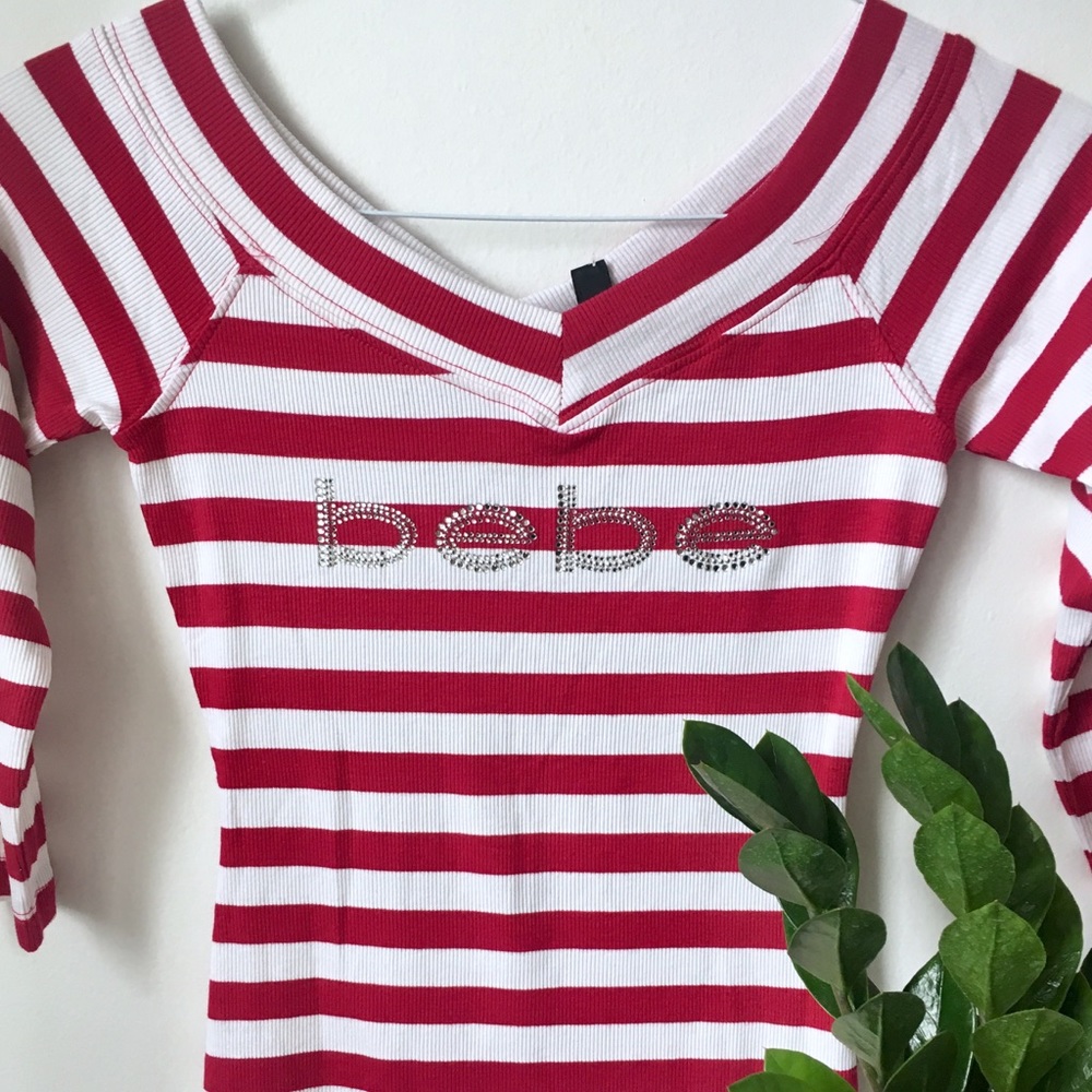 NWT bebe Rhinestone Logo Double V-neck Top